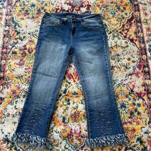 Y2K vintage western style cowgirl low rise fringe trim stretchy CROPPED  jeans